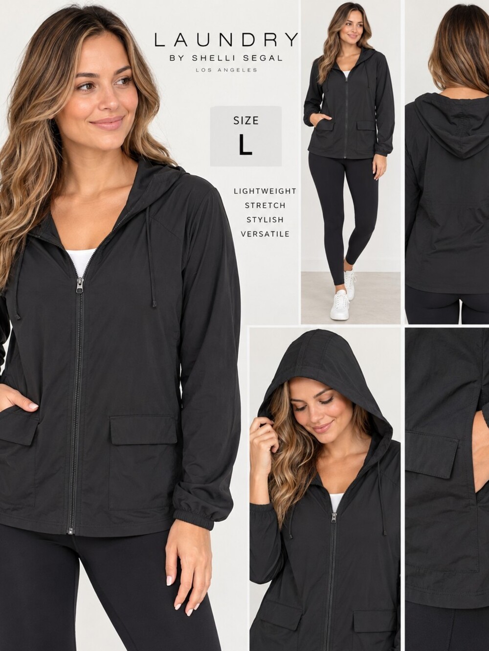Laundry by Shelli Segal Black Lightweight Zip Hooded Jacket